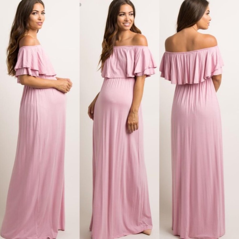 Pinkblush Ruffle Off Shoulder Maternity Maxi Dress Pastel Pink Stretch Pregnancy - Picture 2 of 14